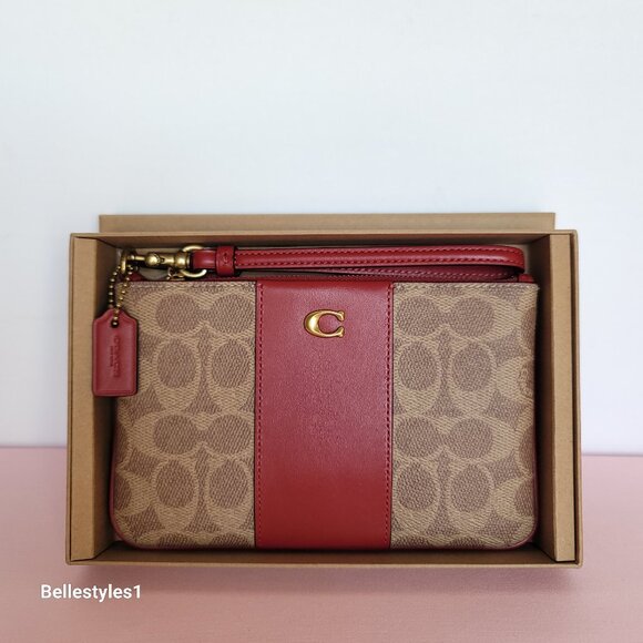 COACH Boxed Small Wristlet in Signature Canvas & Smooth Leather-Tan/Ruby color⭐ - Picture 16 of 16